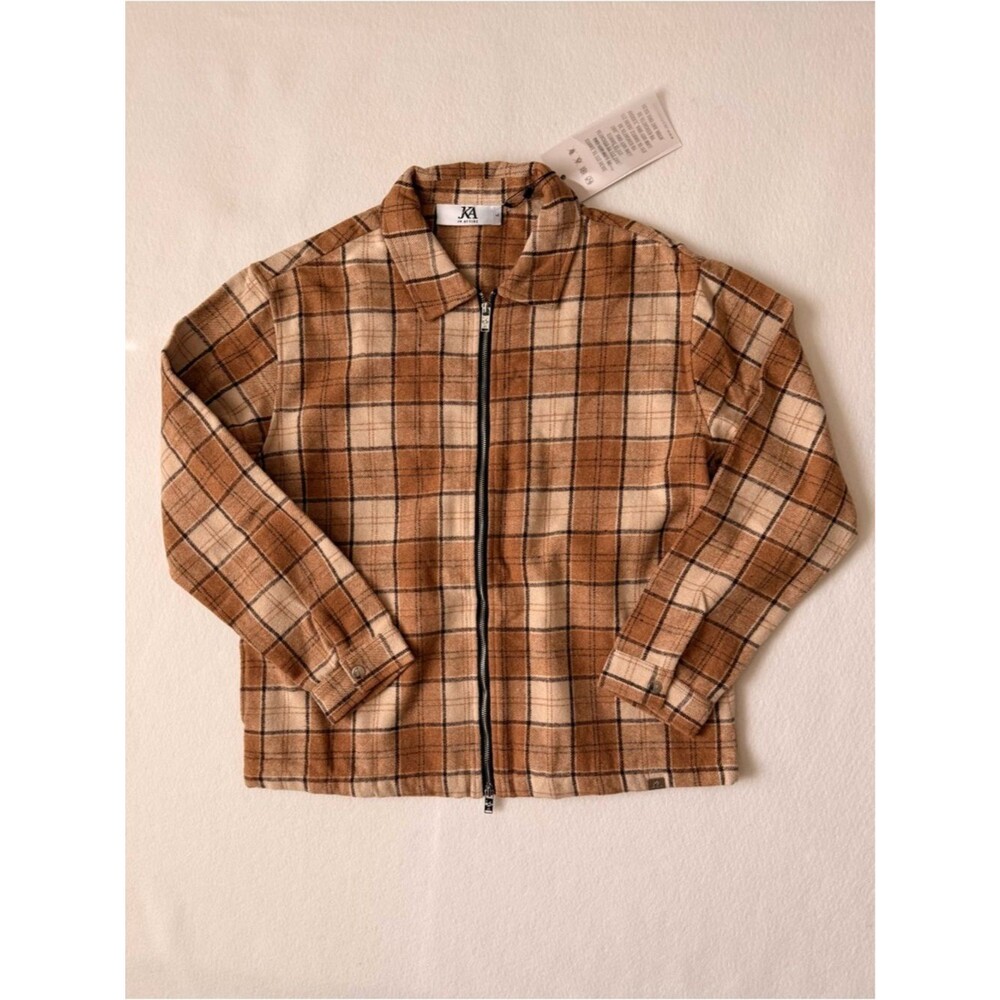 JK Attire Boxy Fit Plaid Flannel Zip Shirt Stone Size L NWT